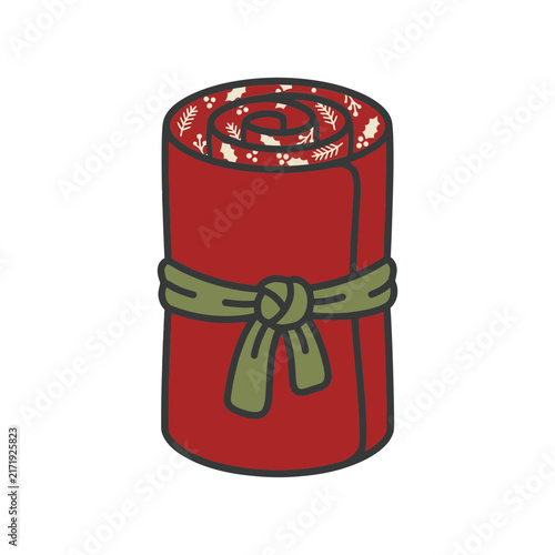 Rolled red winter blanket tied with a green ribbon, festive cozy textile illustration