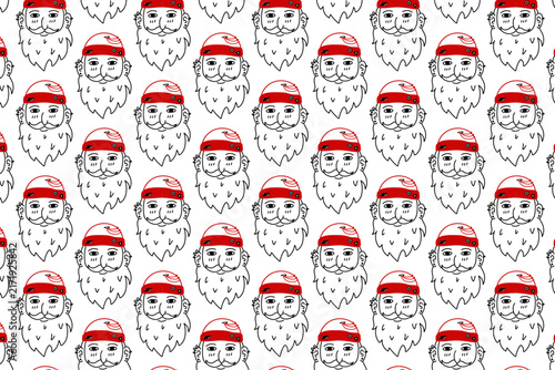 Vector Bearded Men in Red Hats Seamless Pattern for Men Branding, Barbershop Packaging, and Craft Products. Suitable for Christmas Santa Claus Gift Wrapping and Winter Merch