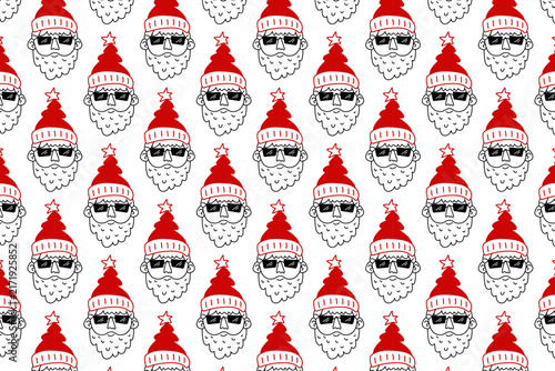 Vector Cool Santa Claus in Star Cone Hats and Sunglasses Seamless Pattern. Ideal for Trendy Christmas Gift Packaging, Modern Retail Wrapping Paper, Youth Apparel, and Party Decor
