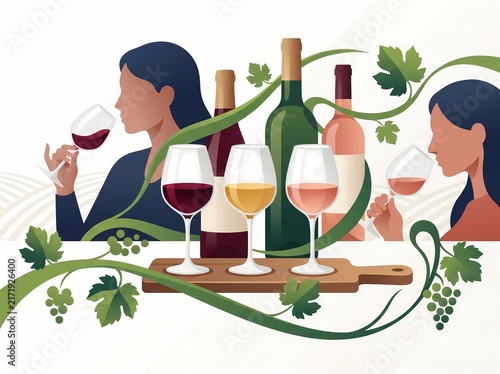 Wine Tasting Women with Red White and Rose Wine Glasses at a Vineyard Harvest Event