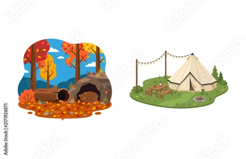 Bild auf Leinwand Autumn Forest Bear Den and Glamping Tent Campsite Outdoor Activity Vector Set