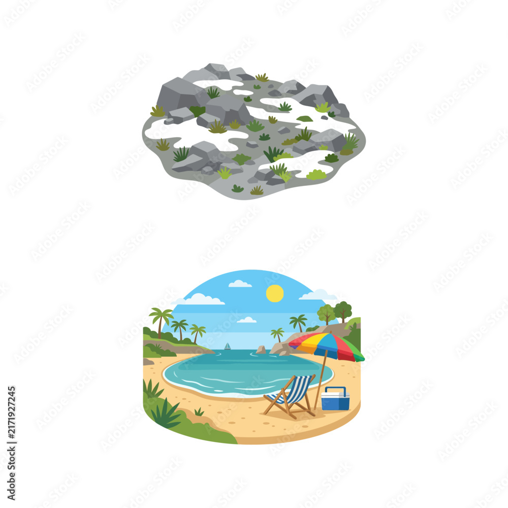 Naklejka premium Scenic Summer Beach Vacation Landscape and Rocky Mountain Terrain Nature Illustration Set