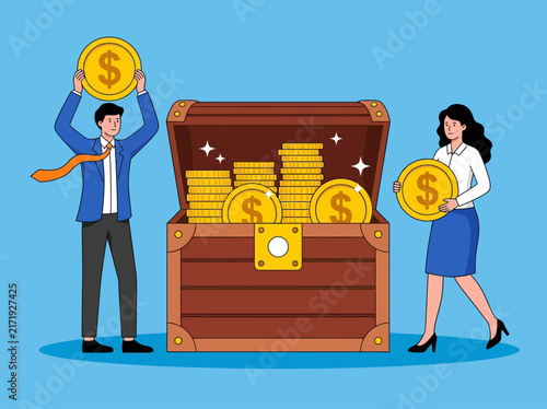 Business People Putting Gold Coins in Treasure Chest Financial Growth Illustration
