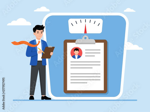 Recruitment Concept Illustration: HR Professional Weighing Resume on Scale for Candidate Evaluation and Job Selection Process