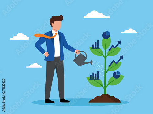 Businessman watering growth plant with financial charts. Investment success concept.