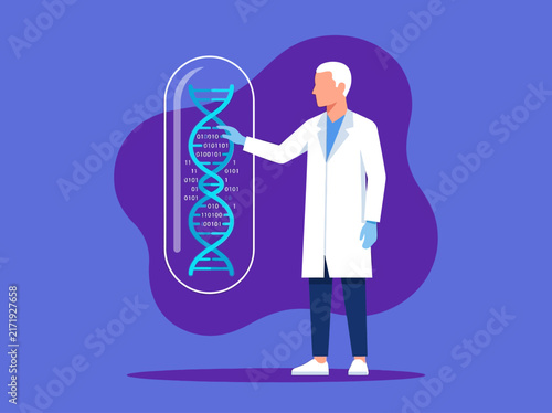 Flat Illustration of Scientist Analyzing DNA Helix with Digital Binary Code