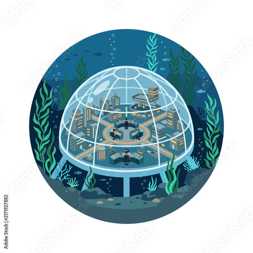 Underwater Futuristic Glass Dome City Research Station Base Concept