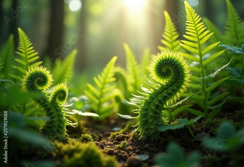 Fern Fronds Unfurling in Magical Shaded Forest with Lush Greenery and Intricate Patterns on Forest Floor