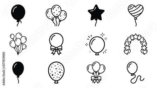Collection of hand drawn balloon shapes and festive star illustrations in black and white