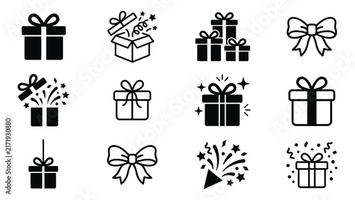 Collection of hand drawn gift boxes and bows in black and white