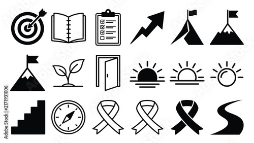 Collection of black and white icons representing goals growth and overcoming challenges