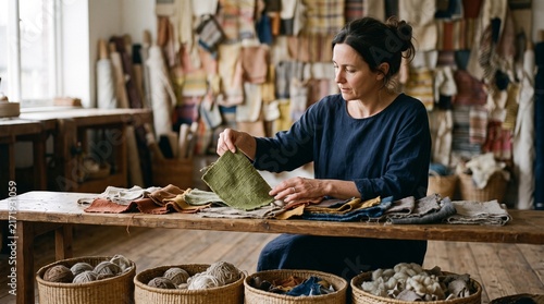 Artisan choosing earth-tone fabric for a patchwork wall