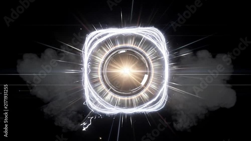 Abstract glowing bright light flare with smoke and futuristic energy wave rings on dark background
