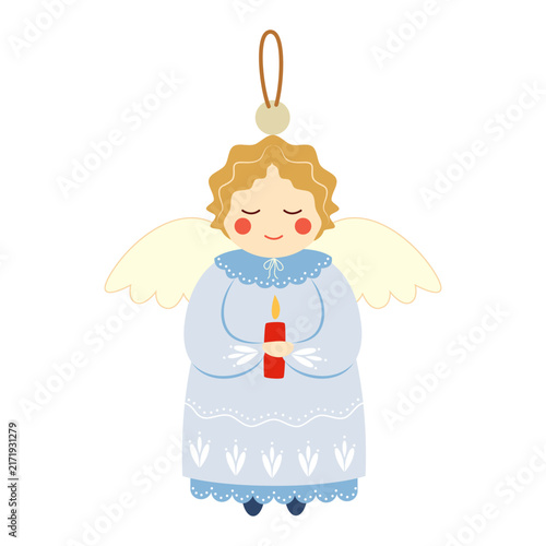 Vector illustration of a vintage Christmas tree ornament, an angel on a white background.