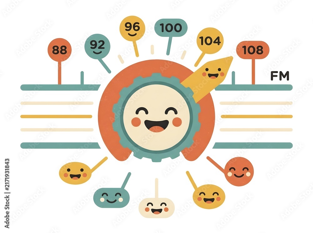Fototapeta premium Retro radio dial with smiling frequency indicators on a white background, illustration