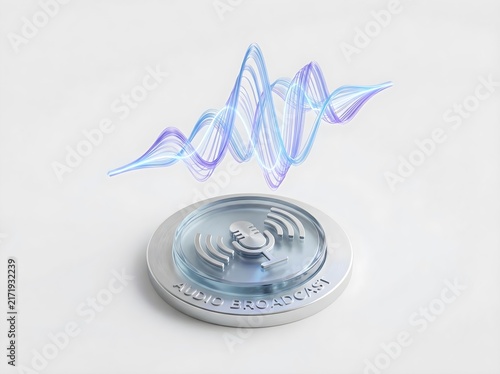 3D Illustration of a Conceptual Audio Recording Button with Glowing Holographic Sound Waves