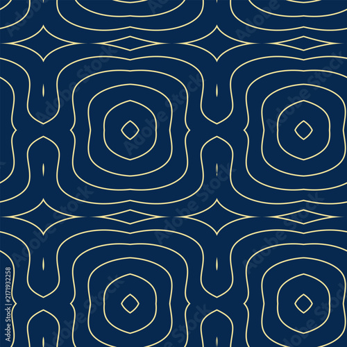 Luxury seamless pattern with golden lines on dark blue background. Abstract geometric ornament. Repeating texture for wallpaper, textile print and premium packaging design. Vector art deco style