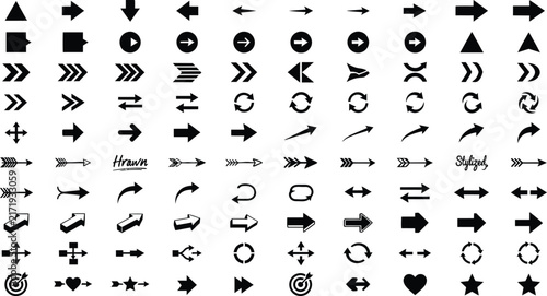 Grid of diverse black arrow icons and geometric directional symbols