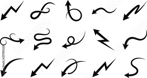 Set of abstract sketchy ink arrows with wavy and zigzag directional lines