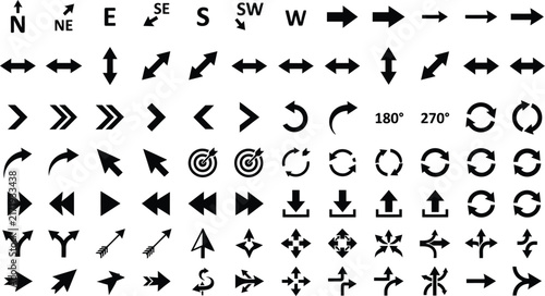 Comprehensive set of black directional arrows compass points and rotation icons