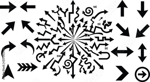 Collection of black curved spiral and zigzag arrows pointing outwards