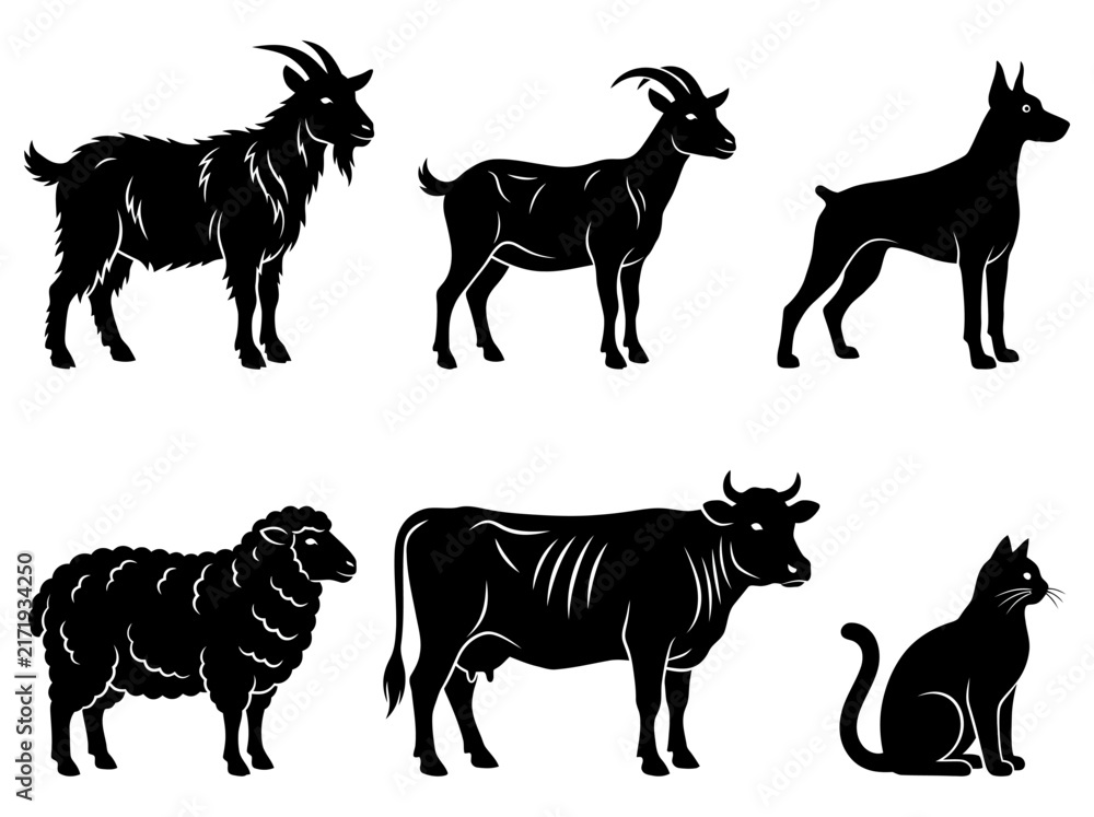 Fototapeta premium Farm and Domestic Animal Vector Silhouettes Set
