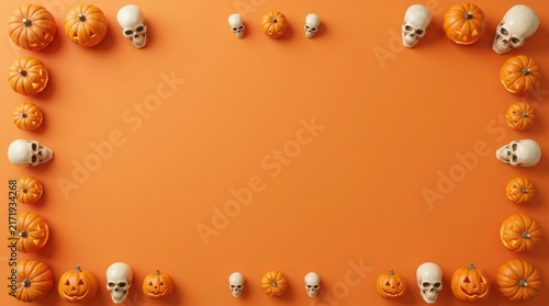 Halloween arrangement of pumpkins and skulls on a vibrant orange background