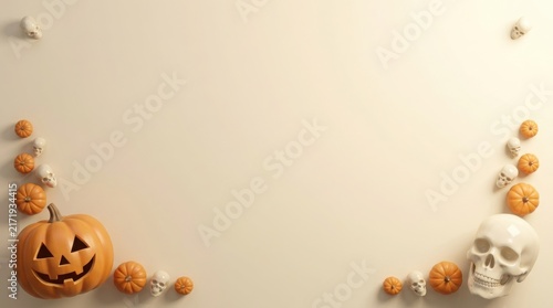 Halloween arrangement with pumpkins and skulls on a neutral beige background