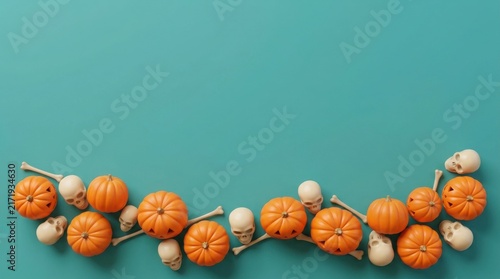 Halloween arrangement with pumpkins skulls and bones on teal background