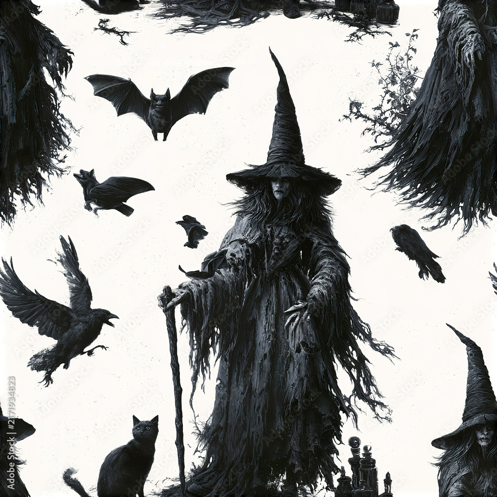 Obraz premium Dark fantasy coven seamless pattern with ancient witches, black cats, bats, and ravens creating spooky magical atmosphere