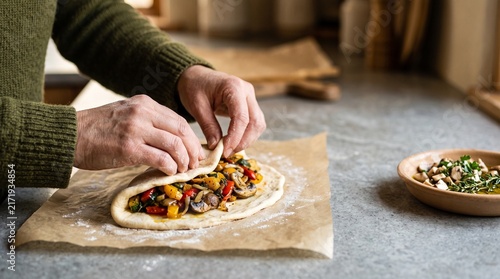 Hands folding a savory vegetable pastry pocket
