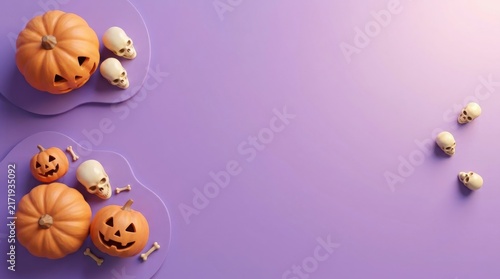 Halloween pumpkins and skulls arrangement on a purple background with copy space