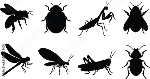 Insect Silhouette Icon Set with Bee, Beetle, and Mantis