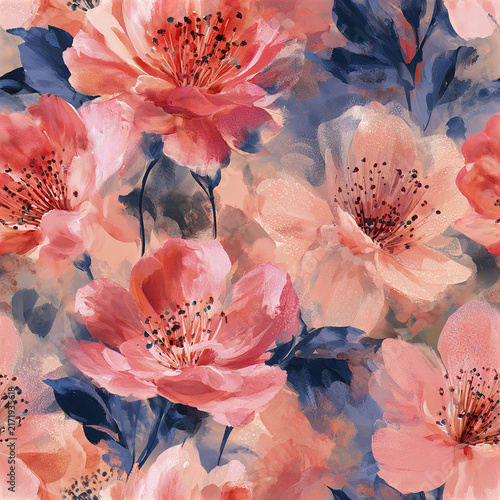 Dreamy summer floral seamless pattern with radiant pink and blue flowers creating soft and elegant background