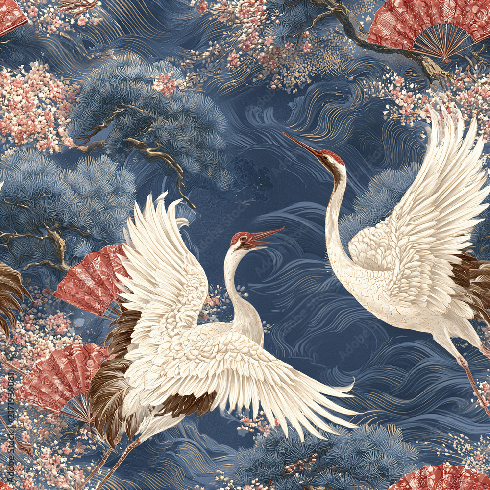 Naklejka premium Elegant Japanese textile pattern with flying cranes, cherry blossoms, pine tree, and red fans on blue background