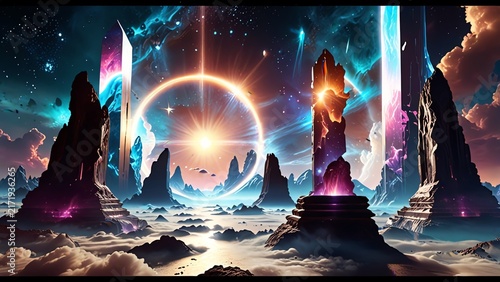 fantasy landscape with clouds and sun