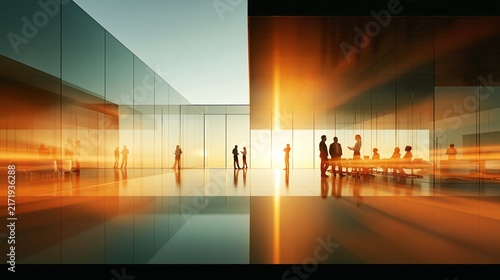 Business people discussing ideas in modern office building. Business professionals collaborating in a contemporary office setting with vibrant light streaks