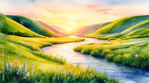 landscape with green grass and green field