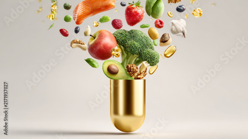 Colorful vegetables and fish spill from a gold capsule showing vibrant food and nutrients in a creative arrangement
