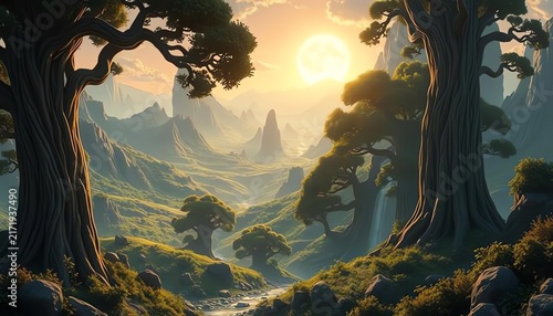 Enchanted forest landscape with ancient trees, flowing stream, and majestic mountains under a luminous sun.