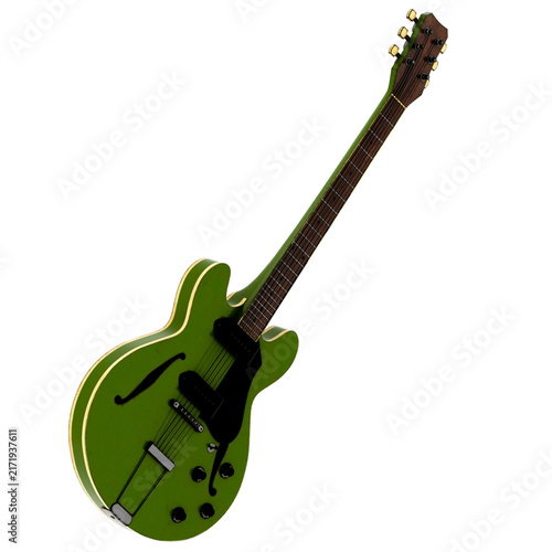 3d Render Green Semi Hollow Guitar Perspective with transparent background