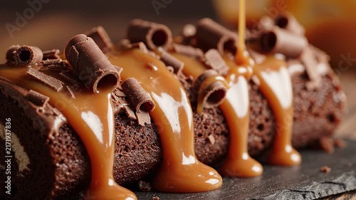 Rich chocolate bundt cake with warm caramel drizzle and chocolate chips on dark slate