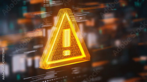 Warning symbol appears on a high-tech digital screen showing data and information in a futuristic setting