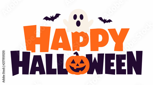 Happy Halloween Pumpkin Logo with Bold Purple Letters.