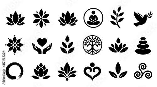 Lotus Flower Icon Set Symbolic Floral Emblems.