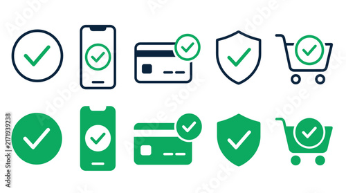 Verification icons set featuring check marks badges and payments.