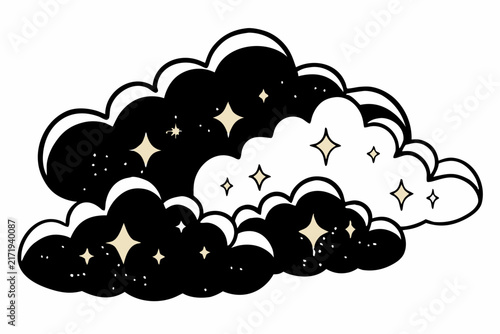 Stylized vector illustration of black clouds with shining beige stars
