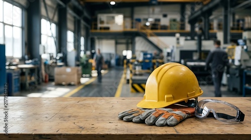Yellow hard hat with protective gloves and safety goggles on a workbench in a factory.