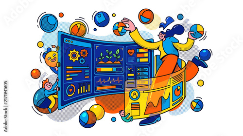 Modern vector illustration of characters interacting with large digital dashboard screens and pie charts, concept for data analytics and performance tracking, ideal for business presentations and web