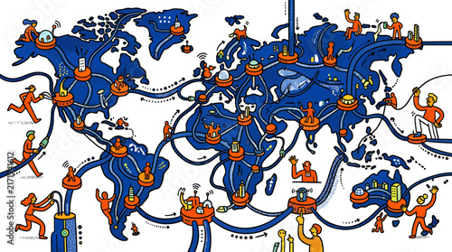Detailed vector map illustration with small workers connecting global data cables and network nodes, representing worldwide digital communication, international team collaboration, and